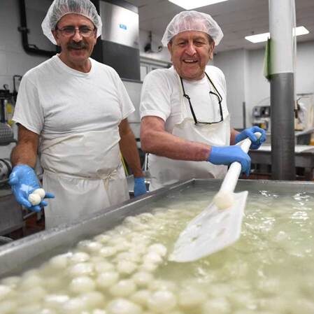 Brothers and founders of Liuzzi Cheese Nicola, left, and Lino Liuzzi with bocconcini, or “bite-sized” mozzarella at Liuzzi Cheese in Hamden.
Photo: Brian A. Pounds / Hearst Connecticut Media